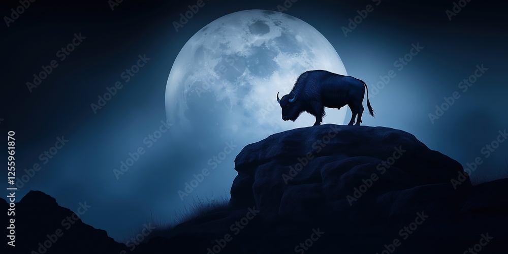Wall mural buffalo is standing on a rock in front of a large moon