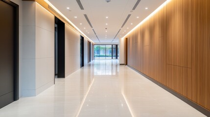 Obraz premium Modern hallway with polished floors and wooden accents, leading to glass doors and natural light