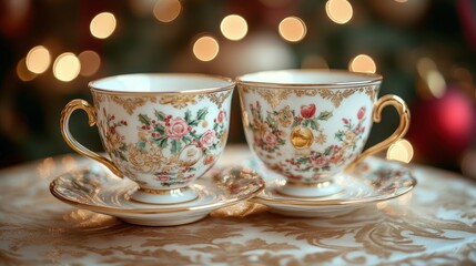 Festive floral teacups on tray, Christmas lights background, holiday card