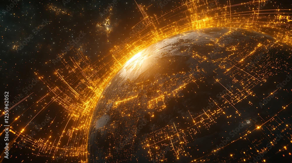 Poster digital earth with glowing data lines in space, a globe with yellow and white lines connection