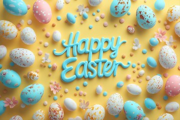 Top view of a colorful easter egg hunt celebration in a festive setting