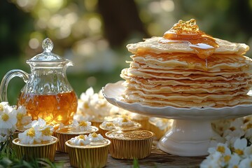 Pancake stack with honey and flower-decorated cupcakes creates a beautiful and delicious food arrangement perfect for a brunch celebration