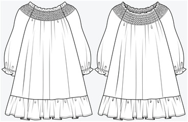 SMOCKING OFF SHOULDER TIERED DRESS WITH LONG RAGLAN SLEEVES DESIGNED FOR KID GIRLS TWEENS AND TEEN GIRLS IN VECTOR FILE	