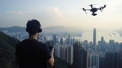 Fototapeta premium A drone flies over a cityscape at sunset, capturing an aerial view of the urban skyline with tall buildings and a park below. The scene highlights the use of technology in modern photography and video