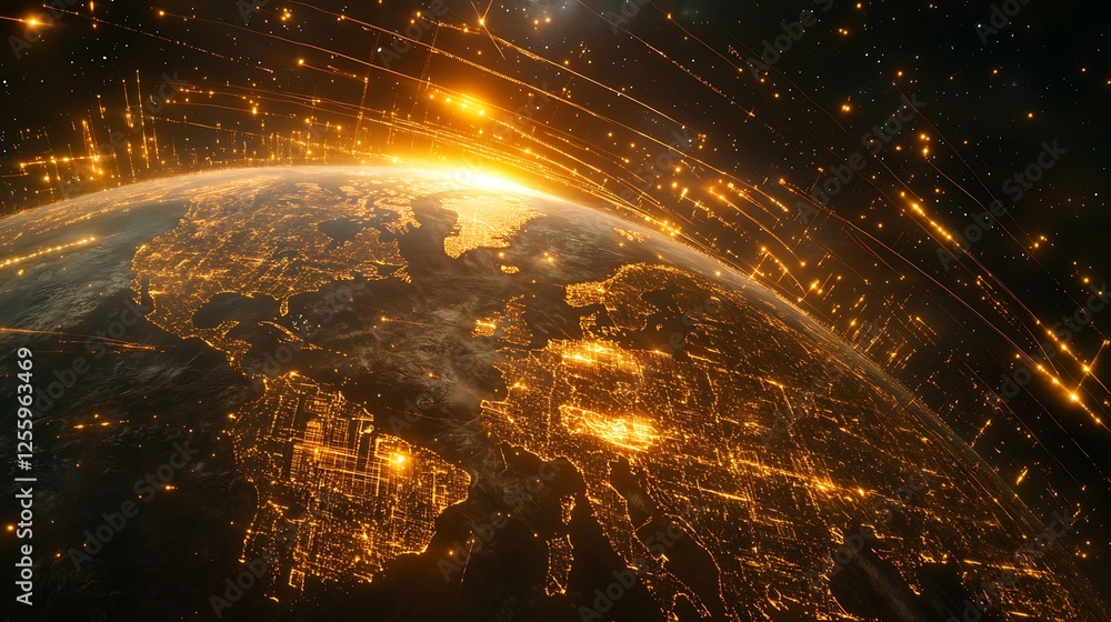 Poster digital earth with glowing data lines in space, a globe with yellow and white lines connection