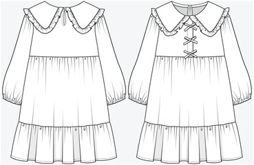 PrintLONG SLEEVES TIERED DRESS WITH FRILL PETER PAN COLLAR AND CUTE BOW DETAIL DESIGNED FOR KID GIRLS TWEENS AND TEEN GIRLS IN VECTOR FILE		
