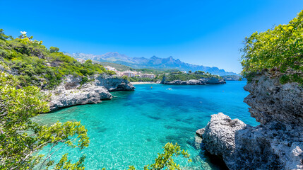 Coastal cove, turquoise water, mountain backdrop, summer vacation