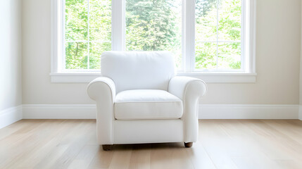 Fototapeta premium White armchair near window, bright room, hardwood floor, home interior design