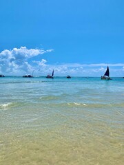 Traditional sailboats called “jangadas” floating on the turquoise waters of Porto de Galinhas,...