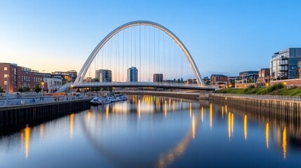 Fototapeta premium City river arch bridge sunset reflection.