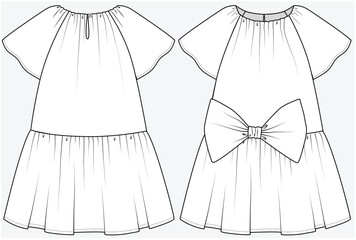 ELASTICATED NECK A LINE DRESS WITHH RAGLAN SLEEVES AND BIG BOW DETAIL DESIGNED FOR KID GIRLS TWEENS AND TEEN GIRLS IN VECTOR FILE	