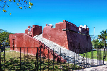 Fototapeta premium Fort in the colonial street of Champoton small town, Mexico