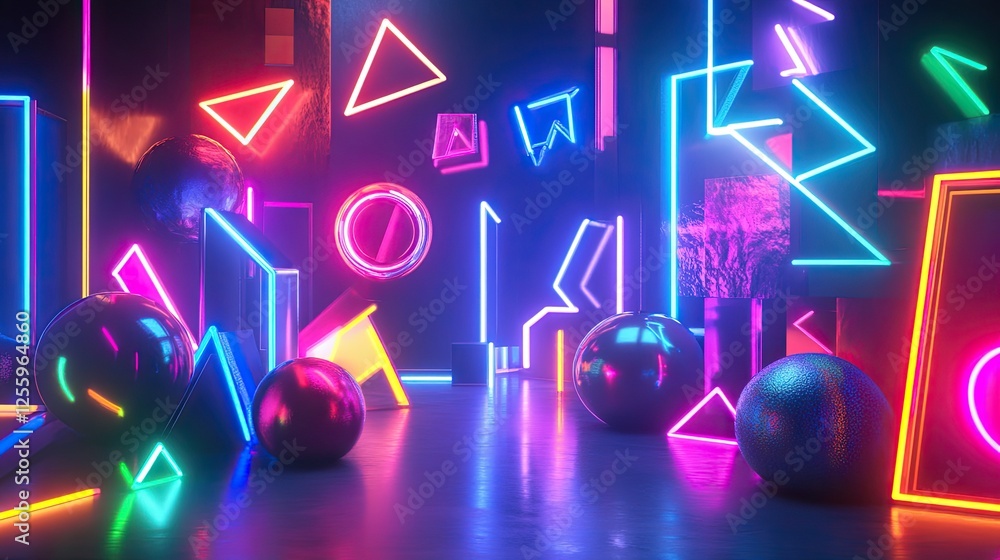 Poster neon-lit 3d objects over a bold 2d flat design background, blending styles for a high-energy visual.