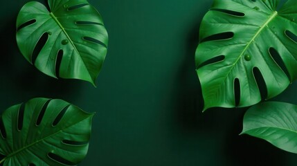 Fototapeta premium Tropical Leaf Composition Vibrant Green Foliage with Water Droplets on Dark Background