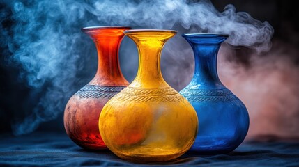 Colorful glass jars with smoke on dark background