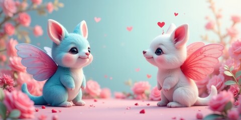 Obraz premium Adorable winged creatures, a pastel pink and blue fantasy, surrounded by blooming flowers, convey sweet affection and gentle romance.