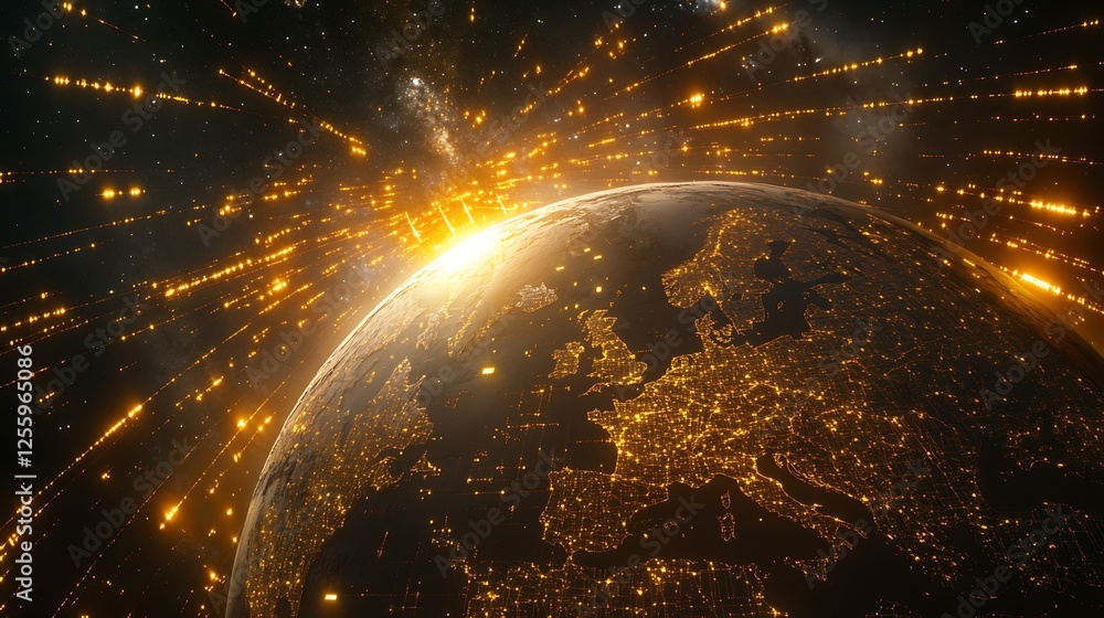 Aufkleber digital earth with glowing data lines in space, a globe with yellow and white lines connection