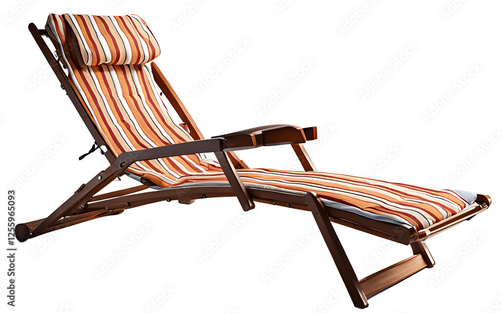 Poster a folding sun lounger with a cushioned headrest and striped fabric, isolated on a empty plain backgr