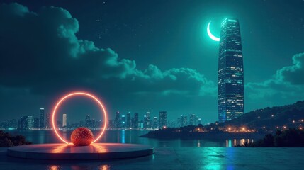 Nocturnal cityscape panorama glowing orb and neon ring on platform, crescent moon above skyscraper, dark water reflecting lights