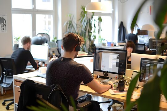 Modern Office Workers Collaborate on Diverse Projects Using Computers and Headphones, Enhancing Productivity and Teamwork in a Creative Workspace.