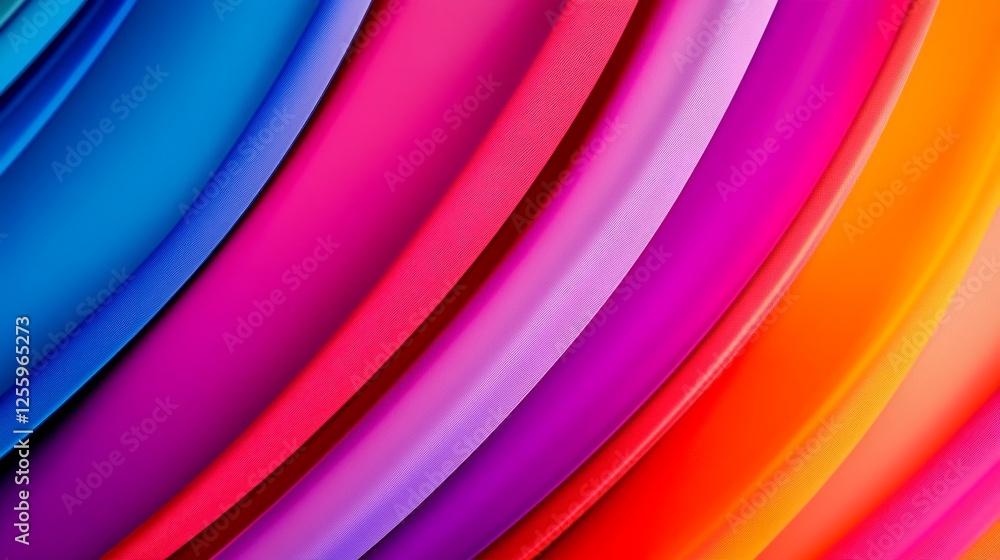 Poster vibrant curved lines of colorful plastic sheets arranged in a wave pattern, creating a dynamic visua