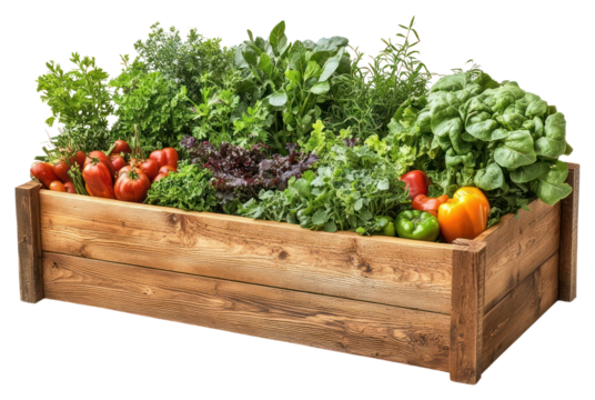PNG Wooden raised bed filled with various vegetables and herbs planter produce box.