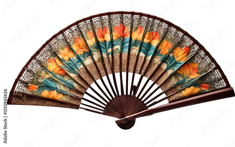 Poster A handheld folding fan with an intricate summer design, isolated on a empty plain background
