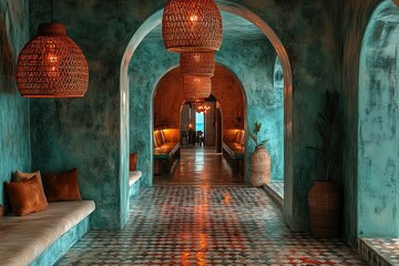 Elegant hallway with woven light fixtures arched doorways teal textured walls and geometric tile floor leading to a distant ocean view