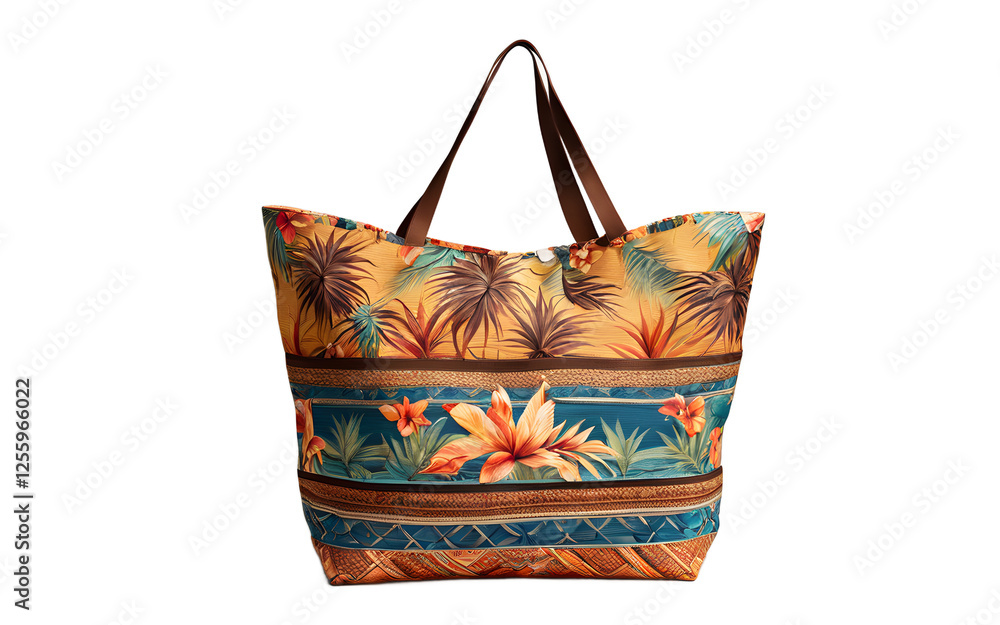 Aufkleber a large beach tote bag with tropical patterns and handles, isolated on a empty plain background