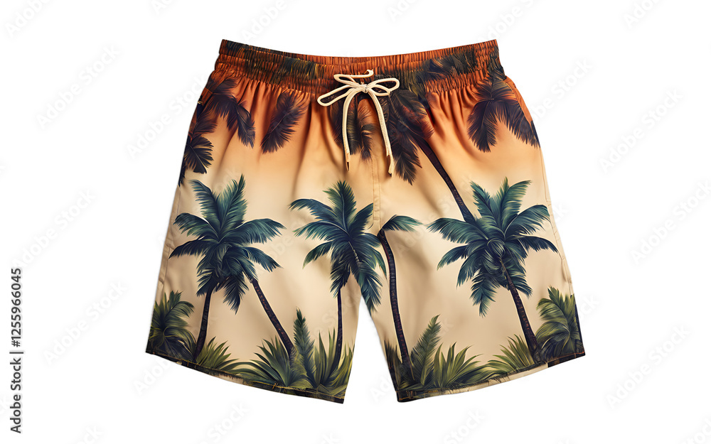 Aufkleber a pair of comfortable beach shorts with a palm tree design, isolated on a empty plain background