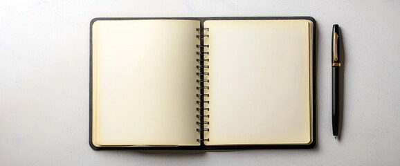 Notebook mockup with blank pages and a pen beside it