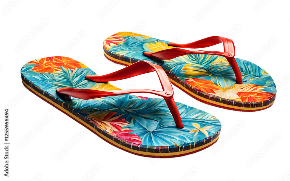 Poster  A pair of flip-flops with a vibrant summer pattern, isolated on a empty plain background
