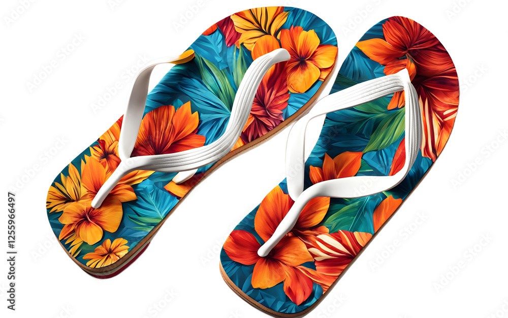 Aufkleber a pair of flip-flops with a vibrant summer pattern, isolated on a empty plain background