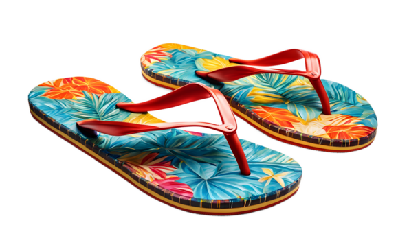  A pair of flip-flops with a vibrant summer pattern, isolated on a empty plain background
