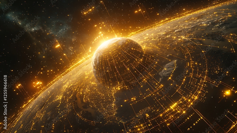Poster digital earth with glowing data lines in space, a globe with yellow and white lines connection