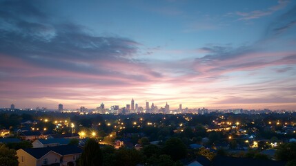City sunrise, suburban glow, peaceful dawn, cityscape background; travel brochure.