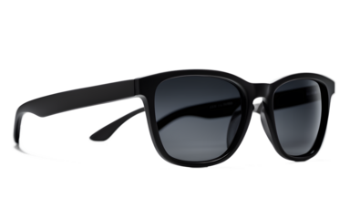 A pair of polarized sunglasses with a matte black frame, isolated on a empty plain background