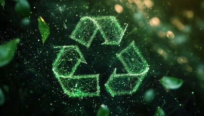 3d green glowing wireframe recycling symbol against blurred leafy background in high tech art