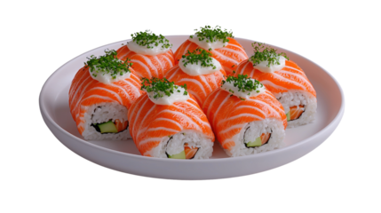 Delicious sushi rolls topped with fresh salmon and garnished with herbs on a white plate, perfect for any culinary occasion.