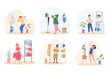 Self evaluate in mirrors. Man woman looking appearance on positive mirror reflection, self-affirmation confidence acceptance esteem proud future body egocentric vector illustration