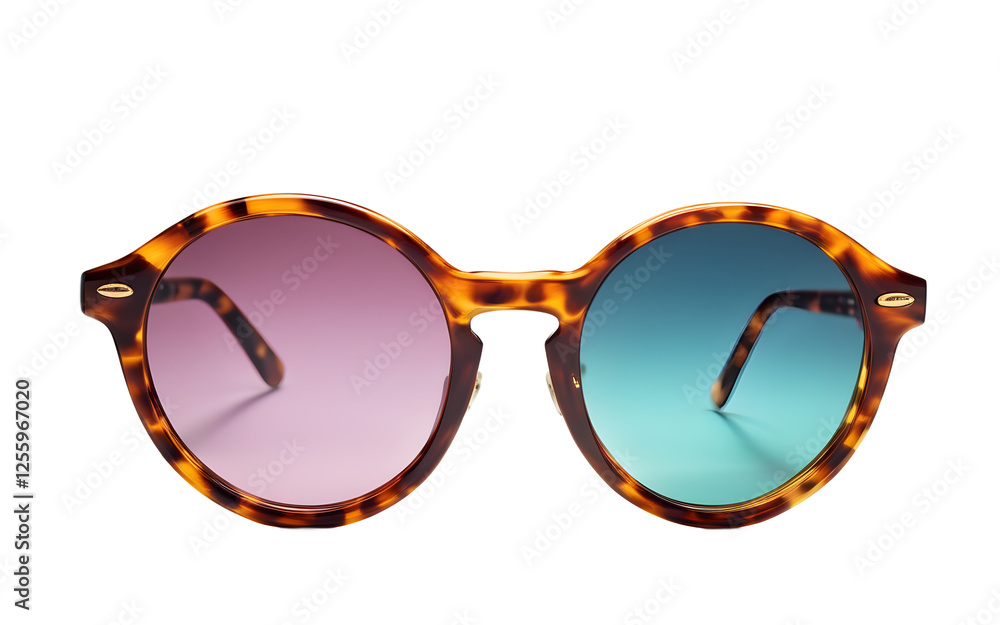Poster a pair of round vintage sunglasses with colorful frames, isolated on a empty plain background