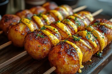 Delicious potato skewers drizzled with flavorful sauce and sprinkled with herbs perfect for appetizers or a tasty side dish