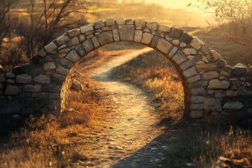 Charming rustic stone bridge over sunlit pathway in tranquil countryside landscape