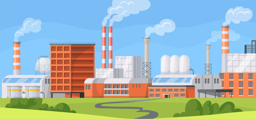 Obraz premium Cartoon industrial complex. Industrial factory zone, manufacturing area power plant building with chimneys smoke stack, air environment chemical pollution neat vector illustration