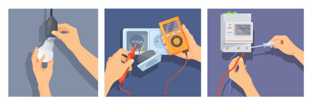 Hand electricity repair. Electrician engineer hands hold electric instrument for lighting wire fix, handyman job professional technician repairman tool, neat vector illustration