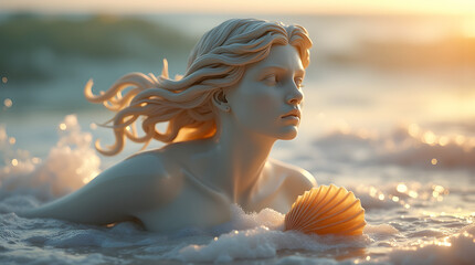 A stunning statue of Venus emerging from the sea, bathed in golden sunset light. The marble figure symbolizes beauty, love, and mythology, surrounded by foamy waves.