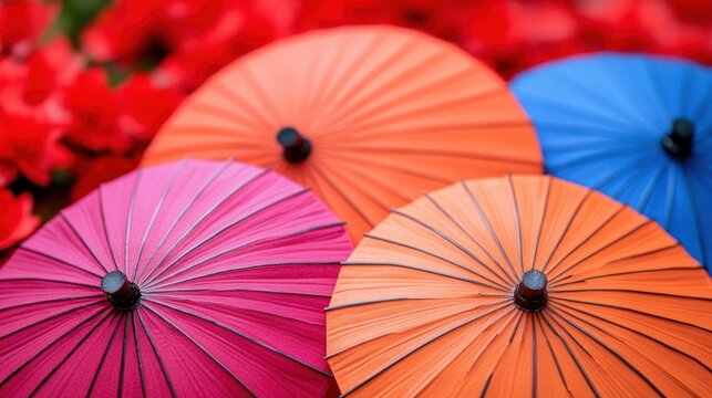 Colorful Japanese umbrellas in a flower garden display - Powered by Adobe