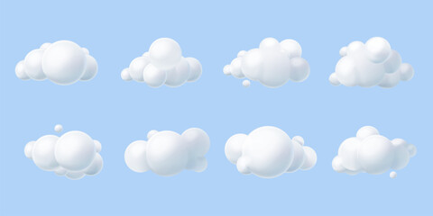 Render clouds icons. 3d cumulus cartoon fluffy dream cloud element, overcast weather cotton smoke fog bubbles above sky summer spring soft object, set exact vector illustration