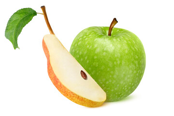 a slice of red and yellow pomegranate with a seed, a leaf and a whole green apple on an isolated white background. 