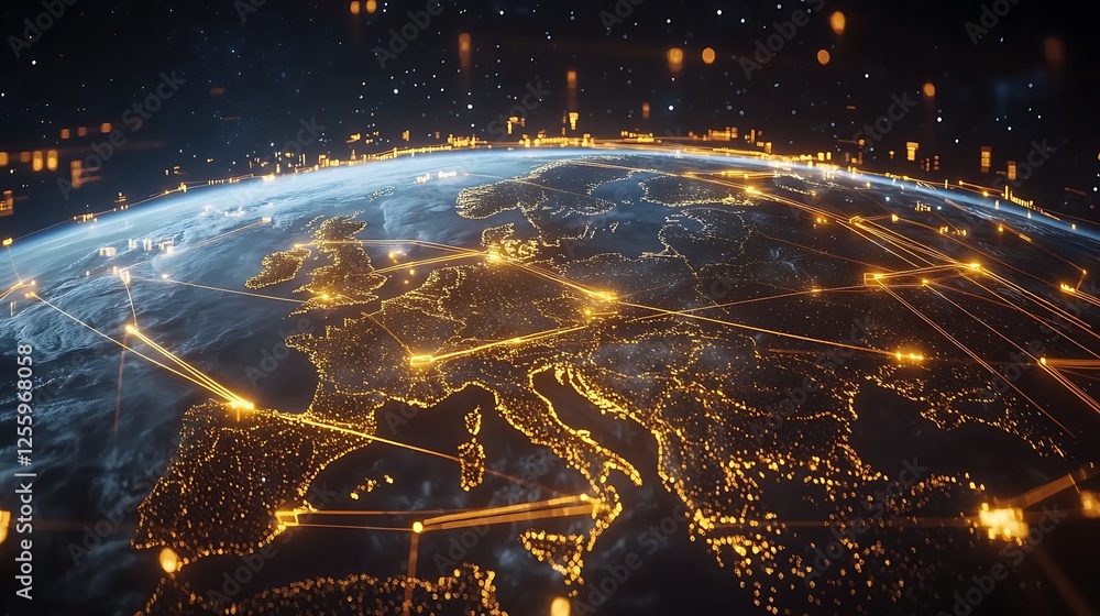 Poster digital earth with glowing data lines in space, a globe with yellow and white lines connection